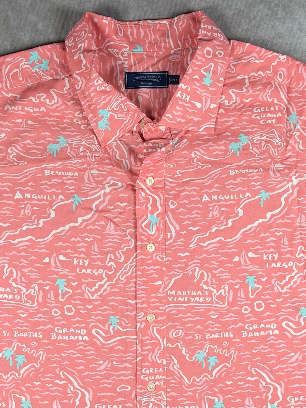 Vineyard Vines Coral Map-Print Button-Down Shirt with Mint Accents
